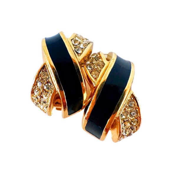 CHRISTIAN DIOR Vintage Gold Tone Clip-on Black Enamel Swarovski Crystal Earrings - Picture 1 of 4